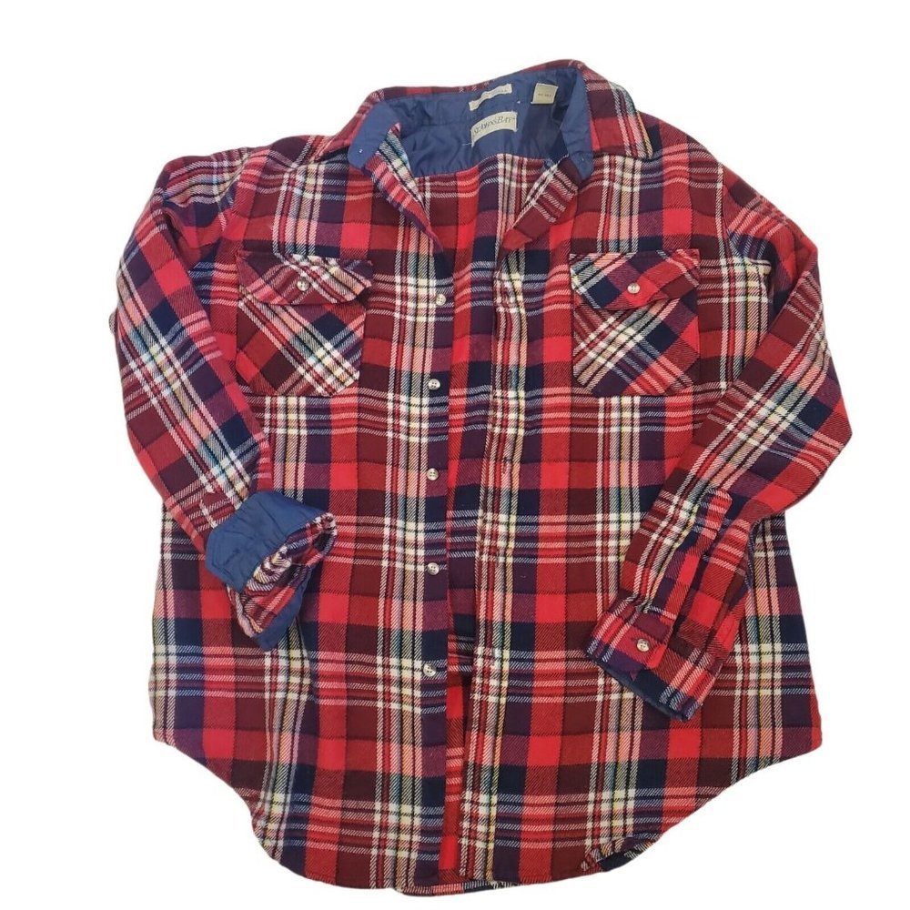 Vintage 90s Mens Large Tall Red‎ Plaid Flannel Shirt Jacket Shaket Button Up